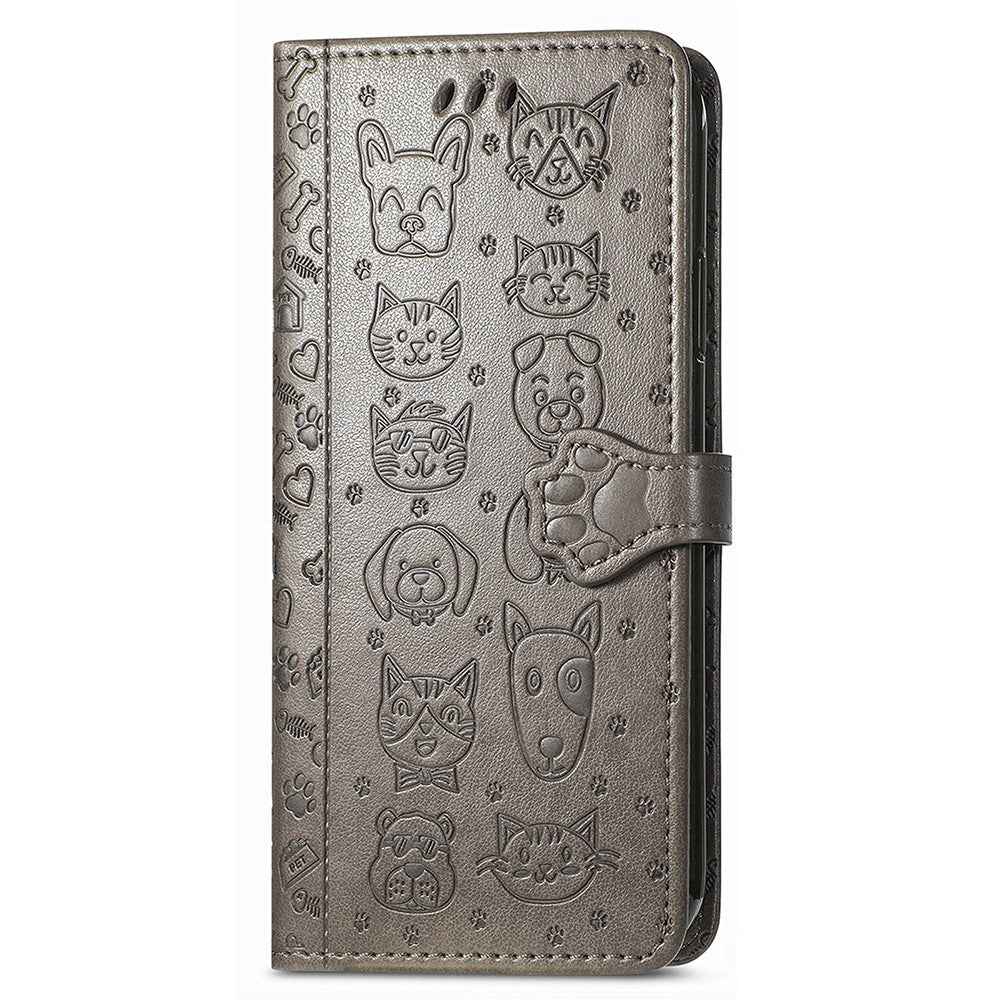 For Samsung Galaxy A57 5G Case Flip Wallet Leather Phone Cover with Cute Cat Dog Pattern - Grey