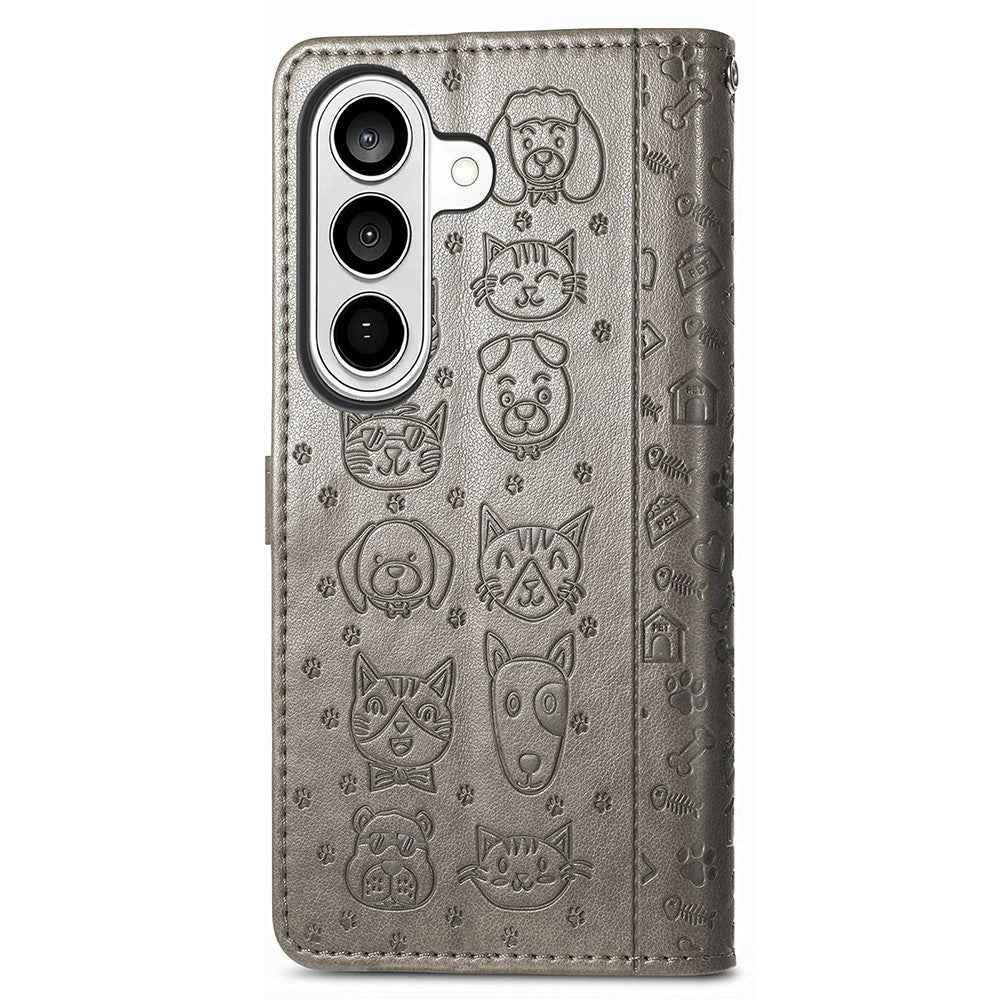 For Samsung Galaxy A57 5G Case Flip Wallet Leather Phone Cover with Cute Cat Dog Pattern - Grey