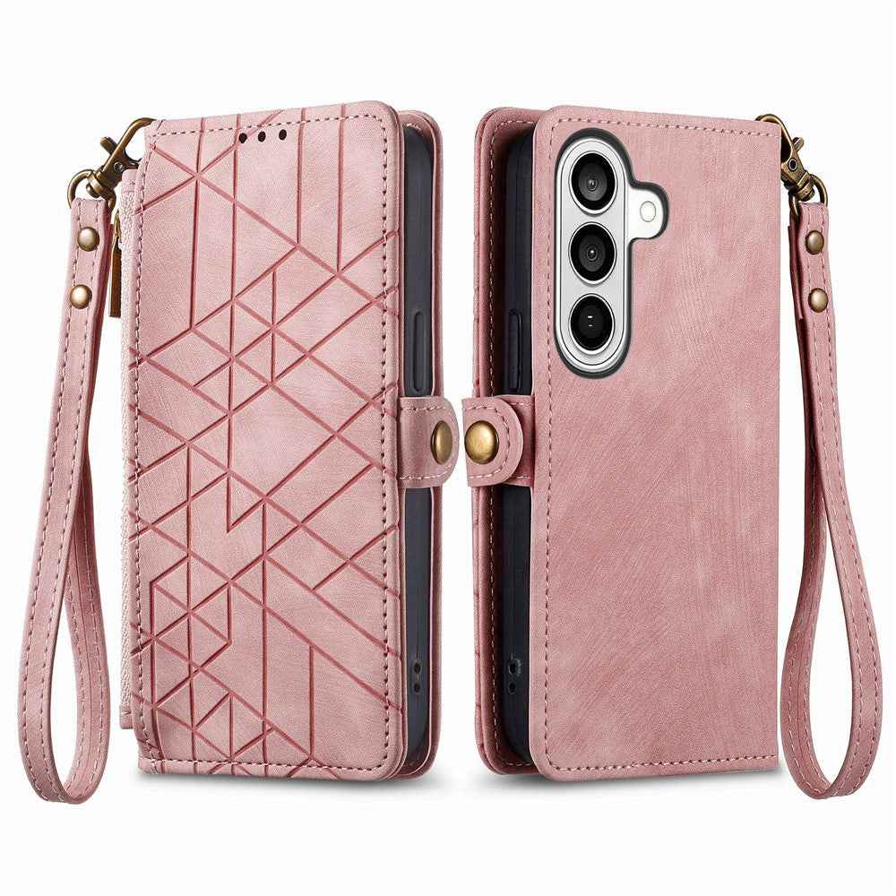 For Samsung Galaxy A57 5G Case Zipper Wallet Geometry Lines Leather Phone Cover with Strap - Pink