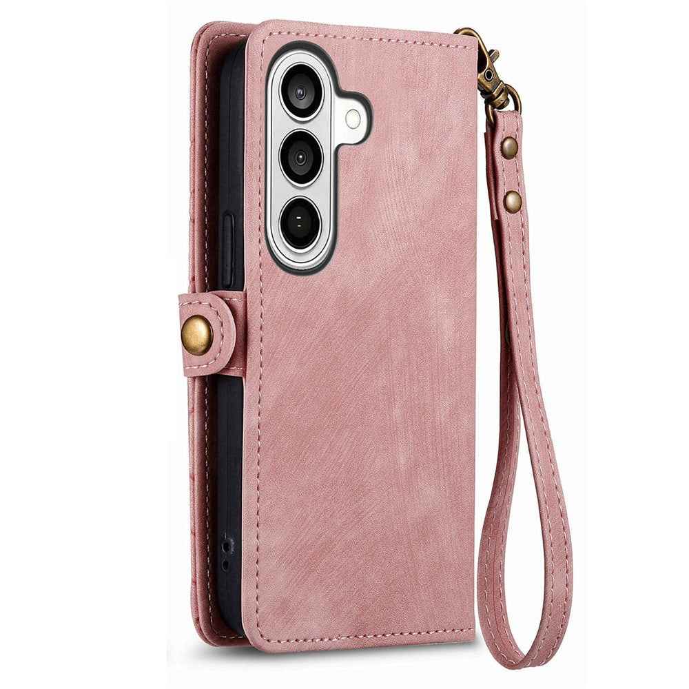 For Samsung Galaxy A57 5G Case Zipper Wallet Geometry Lines Leather Phone Cover with Strap - Pink
