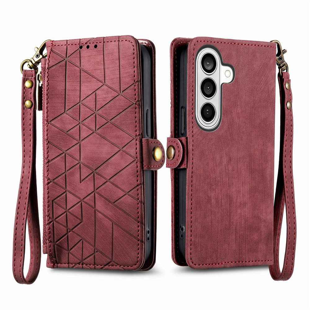 For Samsung Galaxy A57 5G Case Zipper Wallet Geometry Lines Leather Phone Cover with Strap - Red