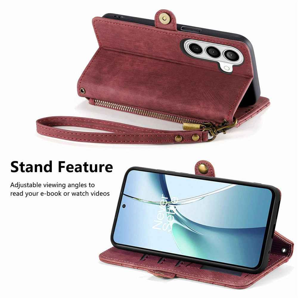 For Samsung Galaxy A57 5G Case Zipper Wallet Geometry Lines Leather Phone Cover with Strap - Red