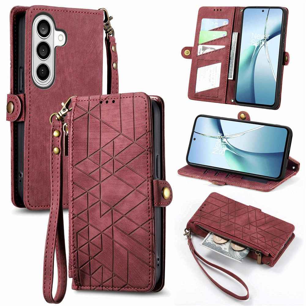 For Samsung Galaxy A57 5G Case Zipper Wallet Geometry Lines Leather Phone Cover with Strap - Red