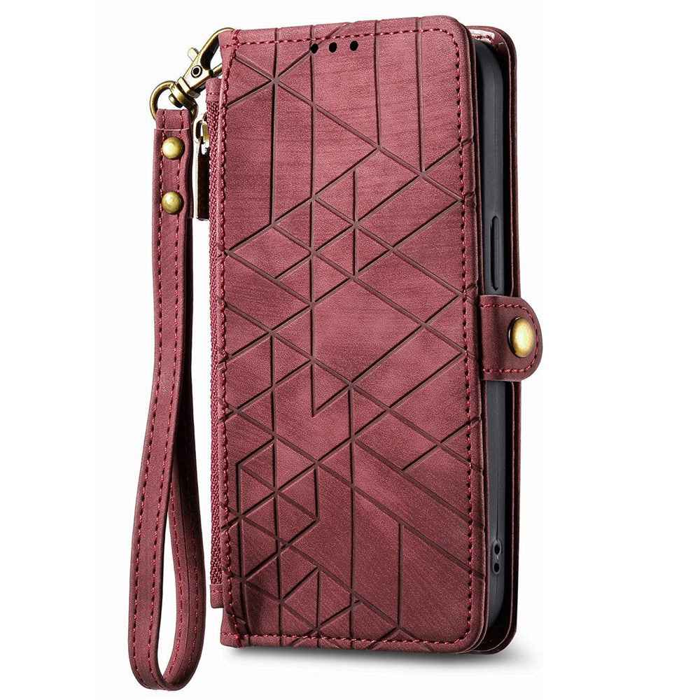 For Samsung Galaxy A57 5G Case Zipper Wallet Geometry Lines Leather Phone Cover with Strap - Red