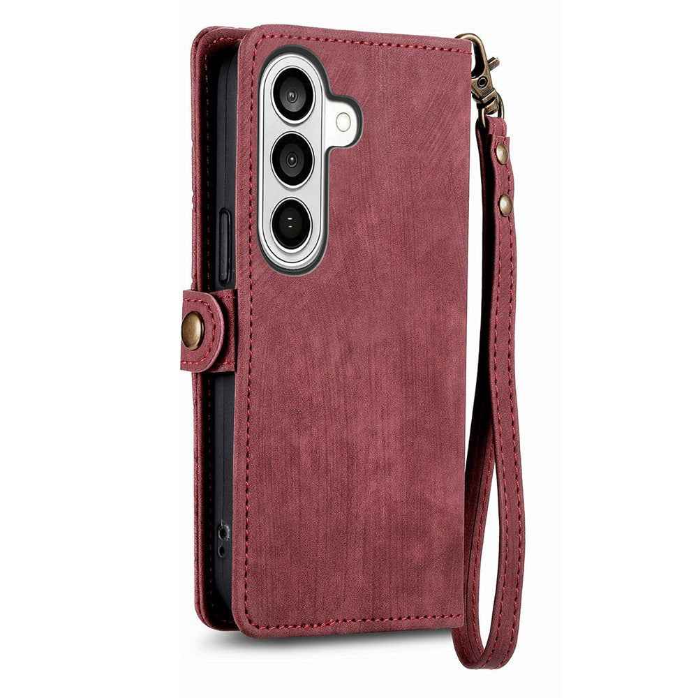 For Samsung Galaxy A57 5G Case Zipper Wallet Geometry Lines Leather Phone Cover with Strap - Red