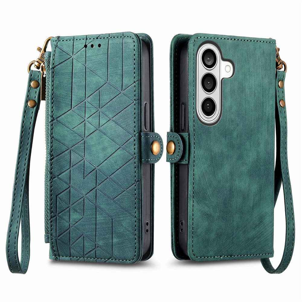 For Samsung Galaxy A57 5G Case Zipper Wallet Geometry Lines Leather Phone Cover with Strap - Green