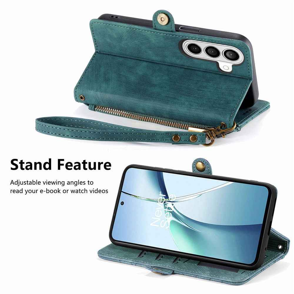 For Samsung Galaxy A57 5G Case Zipper Wallet Geometry Lines Leather Phone Cover with Strap - Green