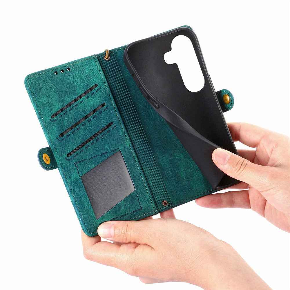 For Samsung Galaxy A57 5G Case Zipper Wallet Geometry Lines Leather Phone Cover with Strap - Green