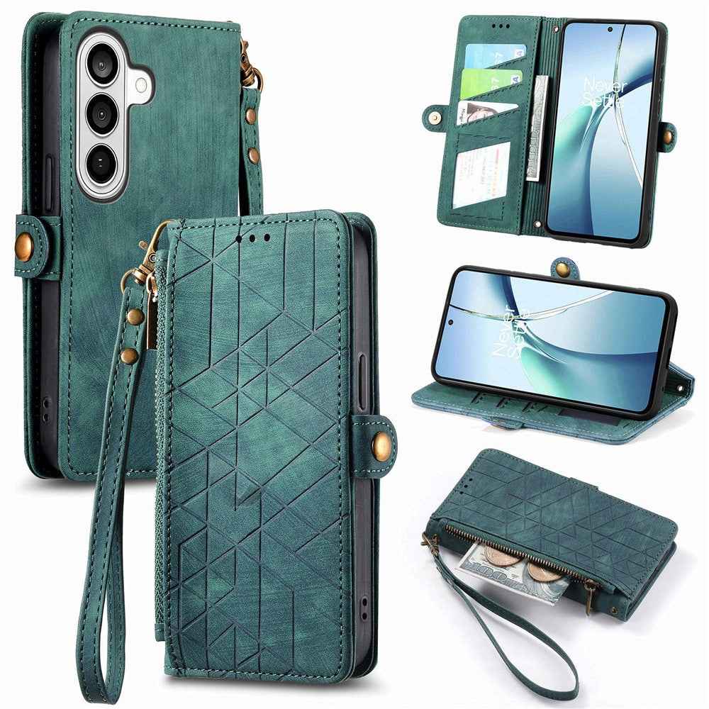 For Samsung Galaxy A57 5G Case Zipper Wallet Geometry Lines Leather Phone Cover with Strap - Green