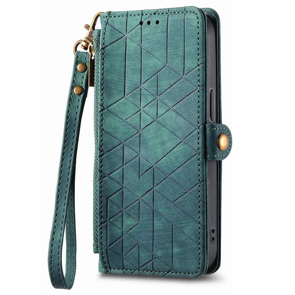 For Samsung Galaxy A57 5G Case Zipper Wallet Geometry Lines Leather Phone Cover with Strap - Green