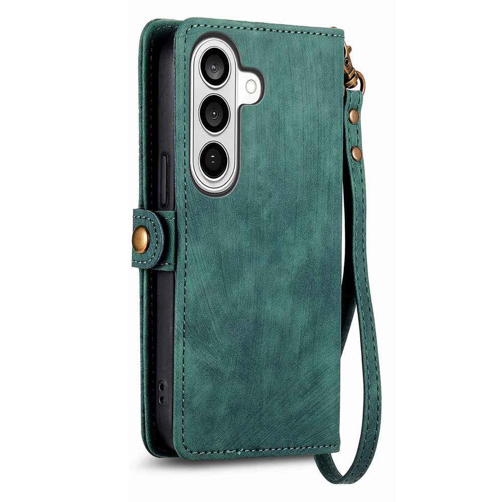 For Samsung Galaxy A57 5G Case Zipper Wallet Geometry Lines Leather Phone Cover with Strap - Green
