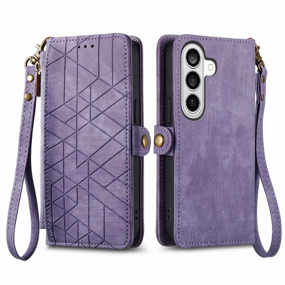 For Samsung Galaxy A57 5G Case Zipper Wallet Geometry Lines Leather Phone Cover with Strap - Purple