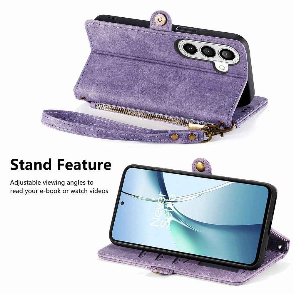 For Samsung Galaxy A57 5G Case Zipper Wallet Geometry Lines Leather Phone Cover with Strap - Purple