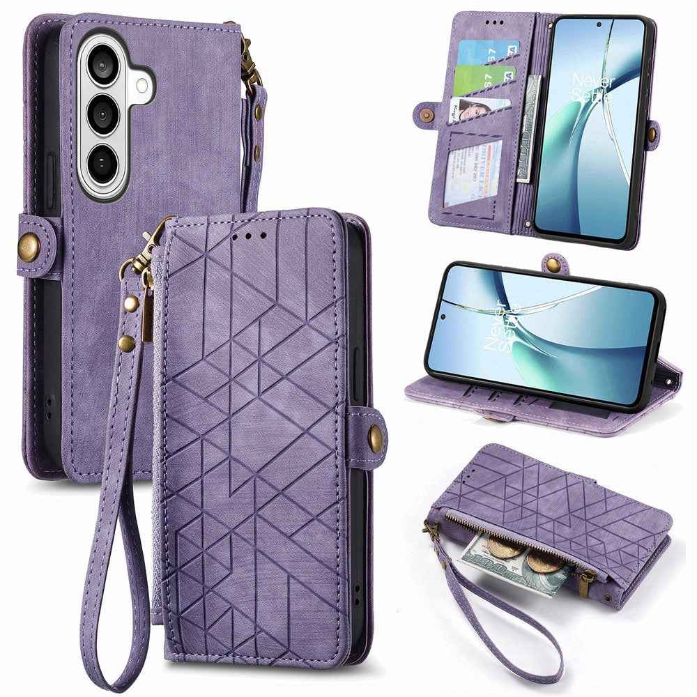 For Samsung Galaxy A57 5G Case Zipper Wallet Geometry Lines Leather Phone Cover with Strap - Purple