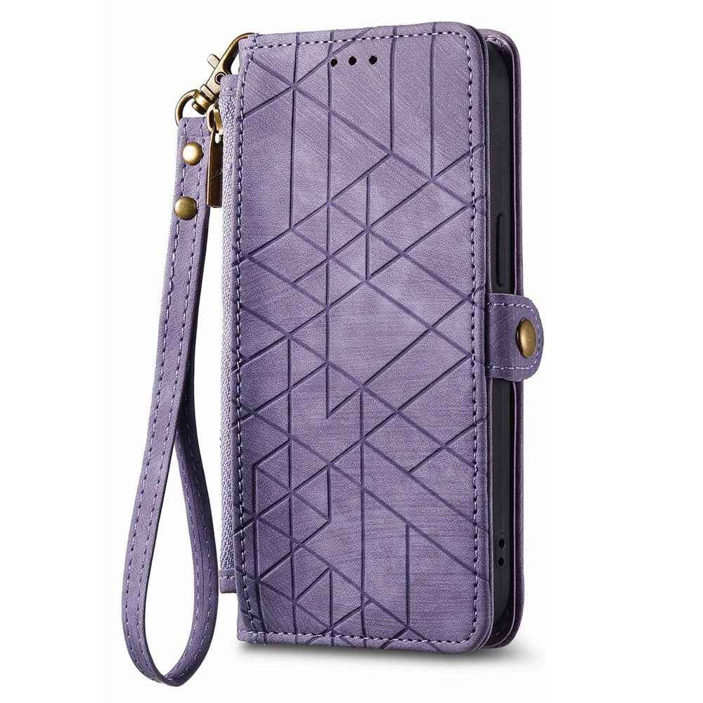 For Samsung Galaxy A57 5G Case Zipper Wallet Geometry Lines Leather Phone Cover with Strap - Purple