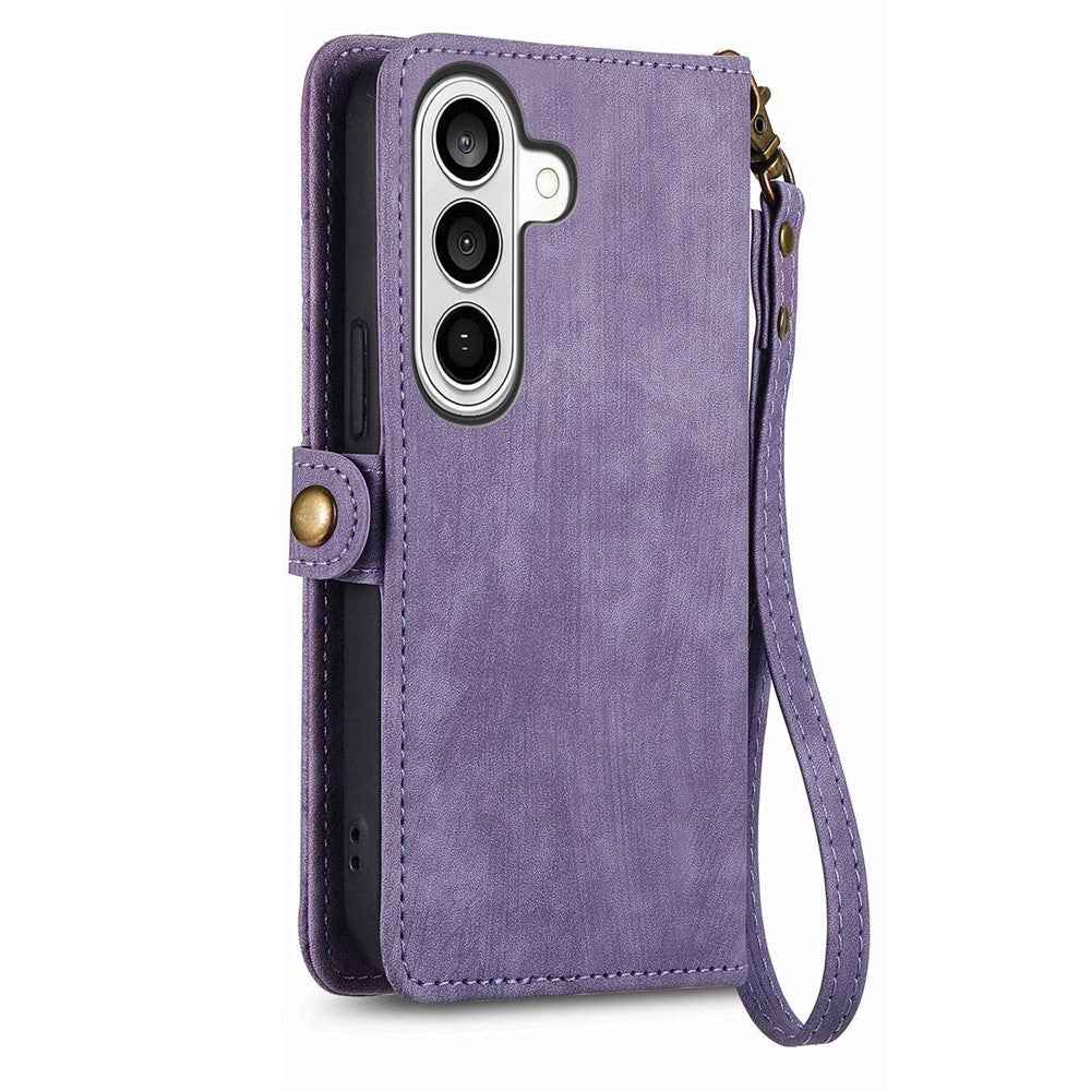 For Samsung Galaxy A57 5G Case Zipper Wallet Geometry Lines Leather Phone Cover with Strap - Purple