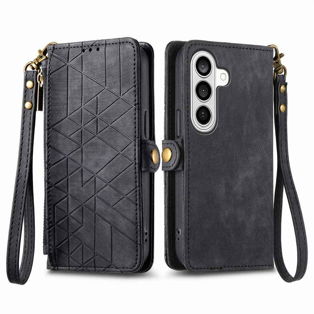 For Samsung Galaxy A57 5G Case Zipper Wallet Geometry Lines Leather Phone Cover with Strap - Black
