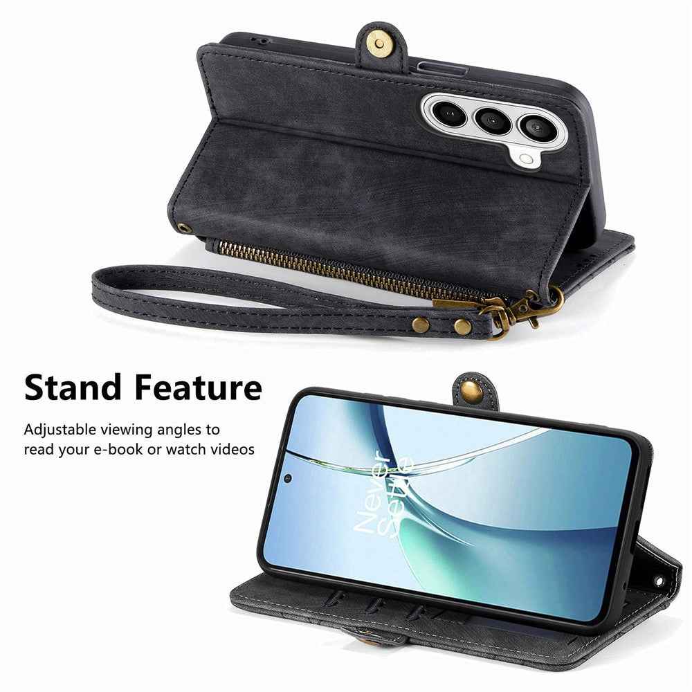 For Samsung Galaxy A57 5G Case Zipper Wallet Geometry Lines Leather Phone Cover with Strap - Black