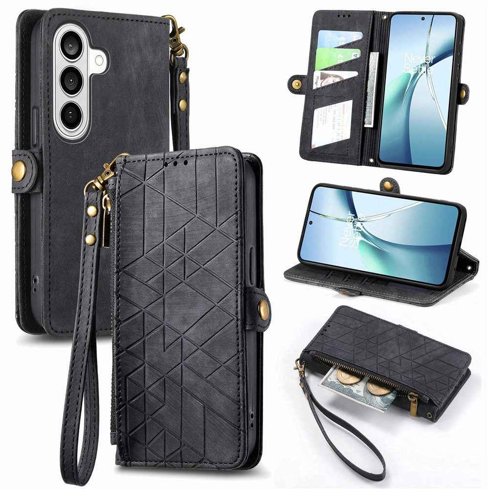 For Samsung Galaxy A57 5G Case Zipper Wallet Geometry Lines Leather Phone Cover with Strap - Black
