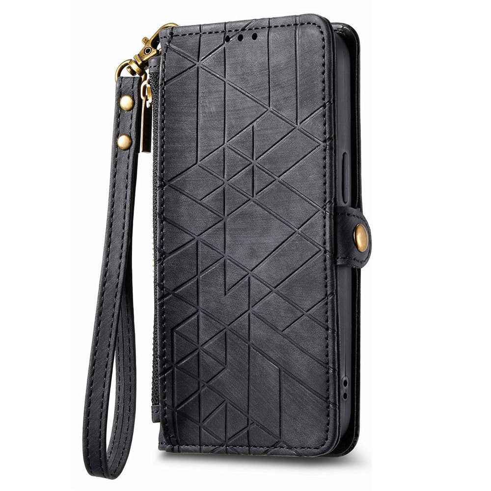 For Samsung Galaxy A57 5G Case Zipper Wallet Geometry Lines Leather Phone Cover with Strap - Black