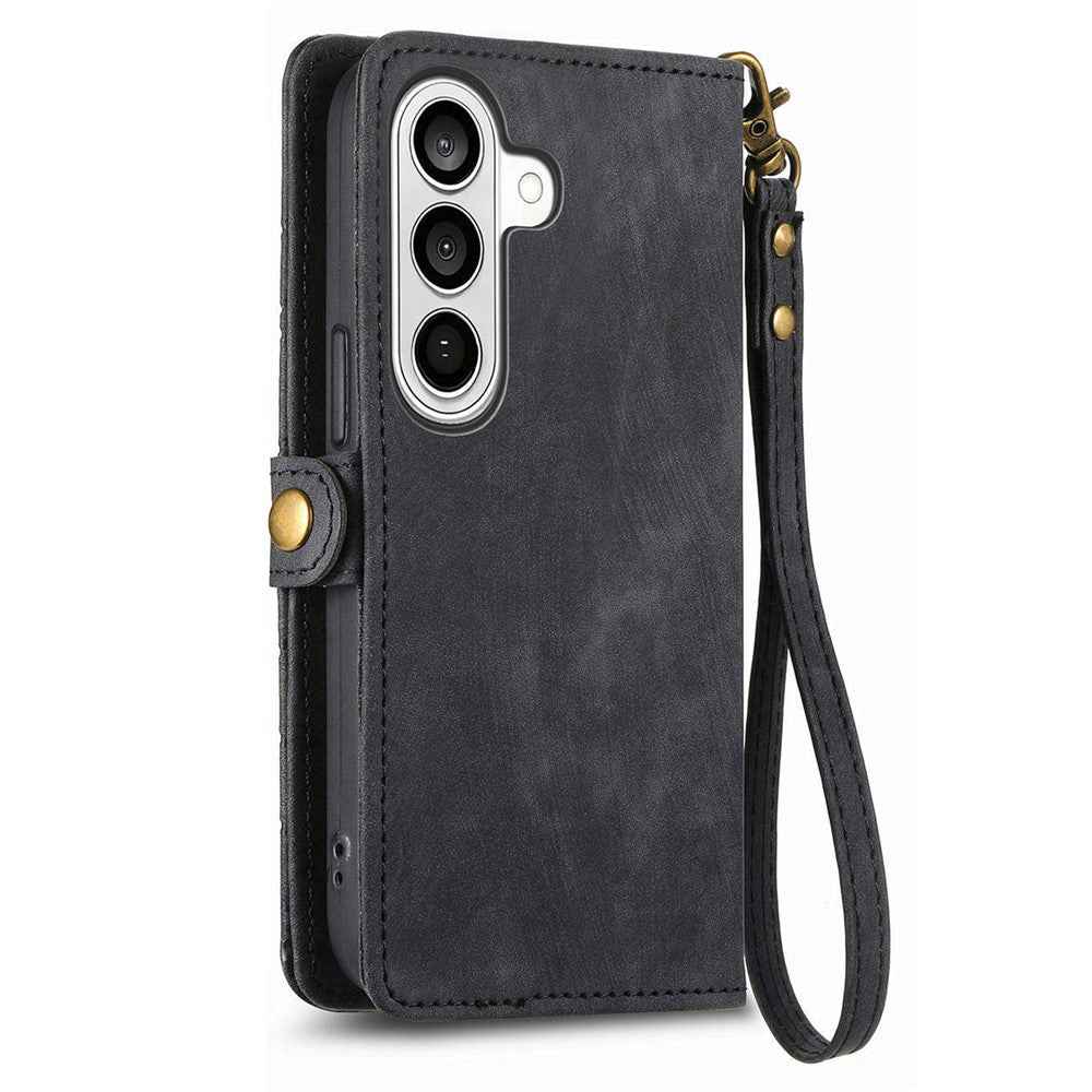 For Samsung Galaxy A57 5G Case Zipper Wallet Geometry Lines Leather Phone Cover with Strap - Black