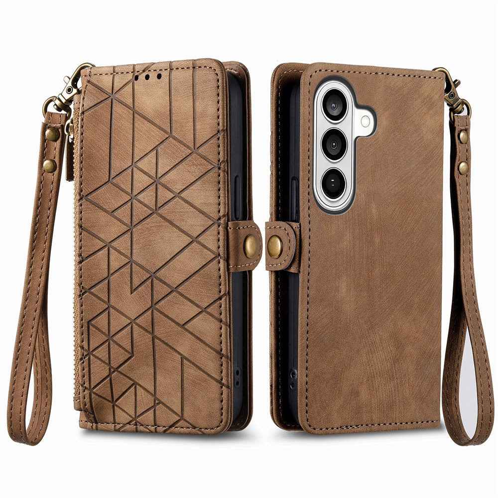 For Samsung Galaxy A57 5G Case Zipper Wallet Geometry Lines Leather Phone Cover with Strap - Brown