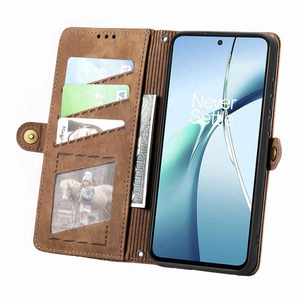 For Samsung Galaxy A57 5G Case Zipper Wallet Geometry Lines Leather Phone Cover with Strap - Brown