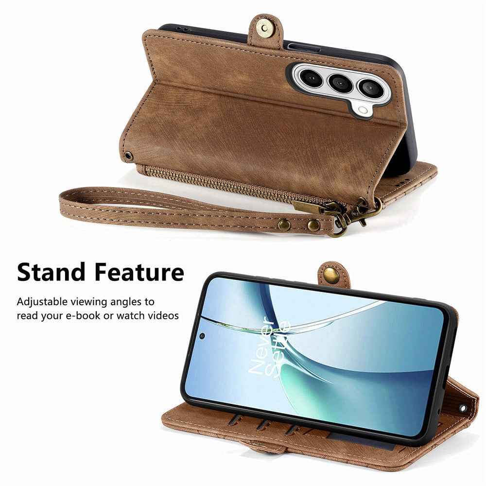 For Samsung Galaxy A57 5G Case Zipper Wallet Geometry Lines Leather Phone Cover with Strap - Brown