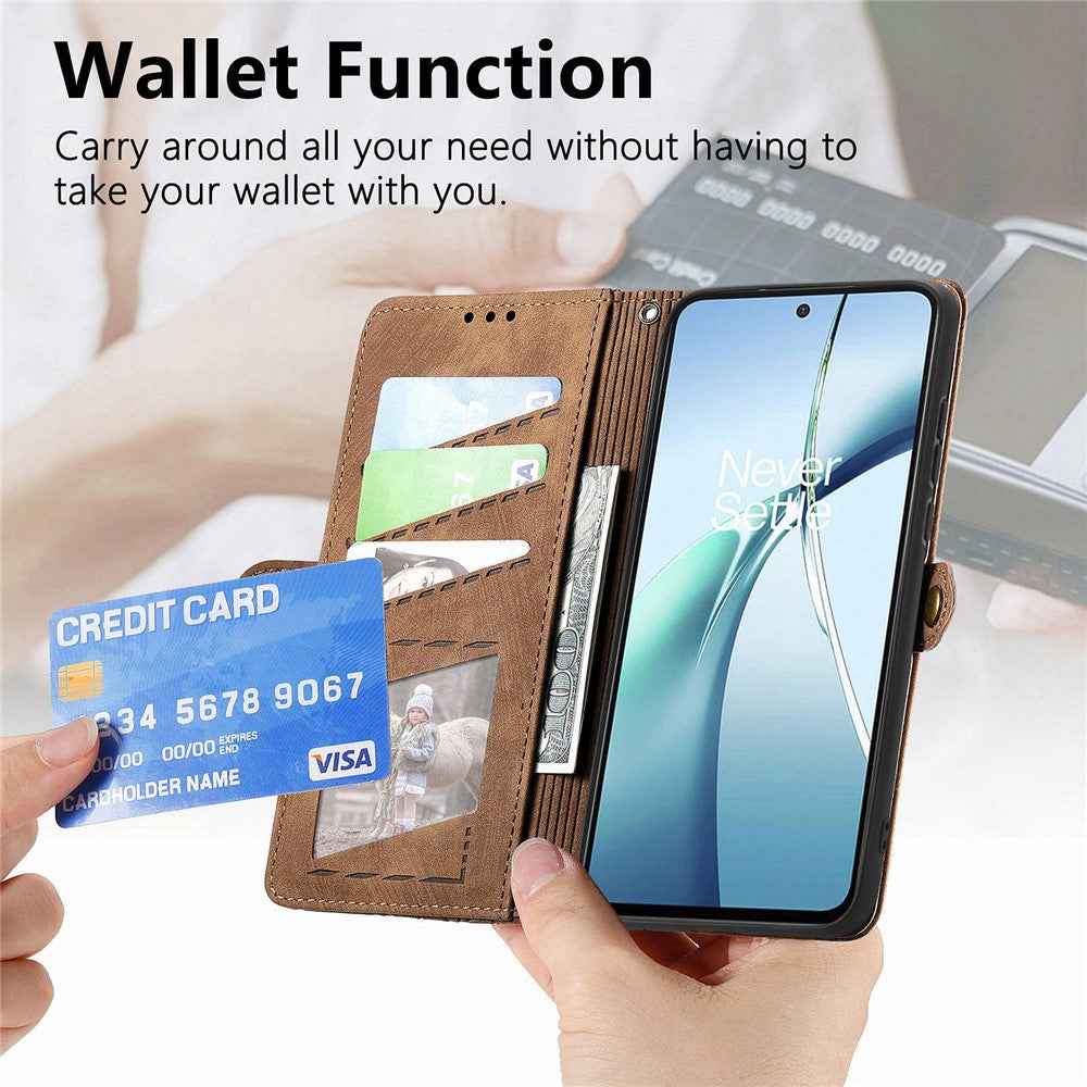 For Samsung Galaxy A57 5G Case Zipper Wallet Geometry Lines Leather Phone Cover with Strap - Brown