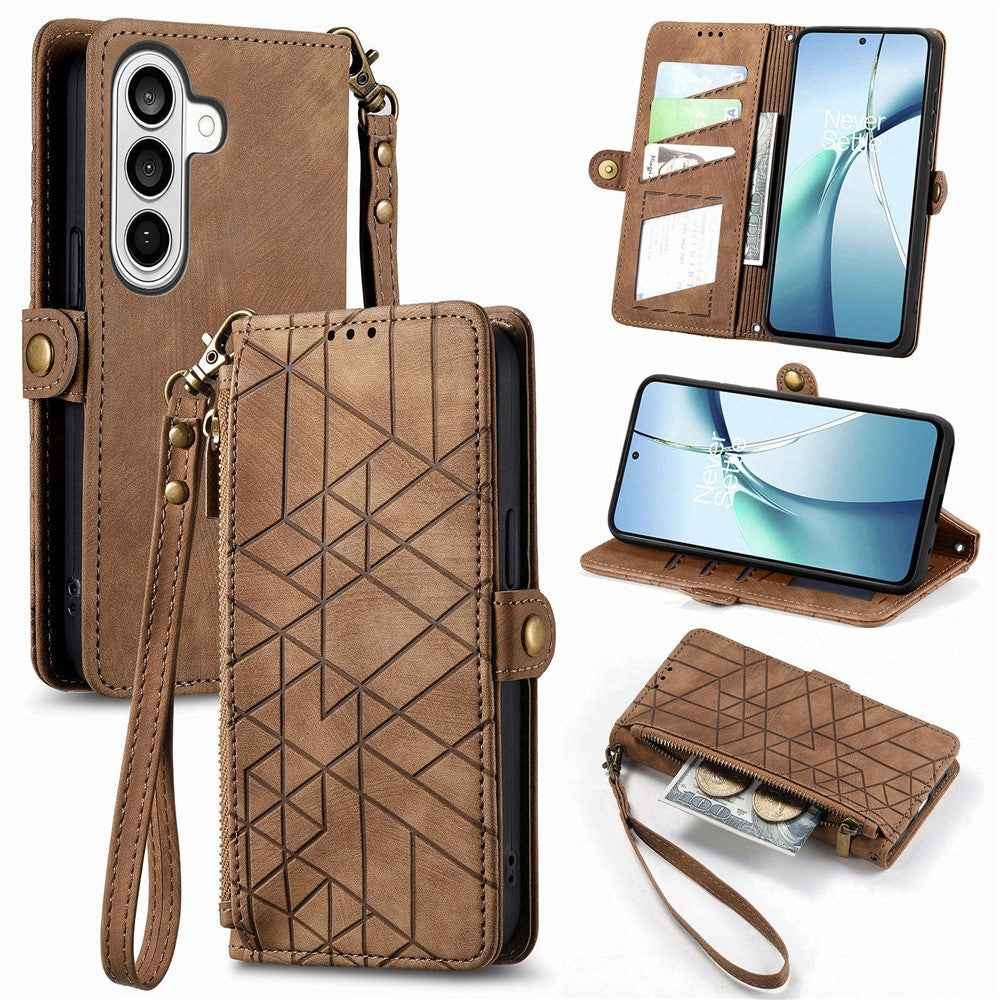 For Samsung Galaxy A57 5G Case Zipper Wallet Geometry Lines Leather Phone Cover with Strap - Brown