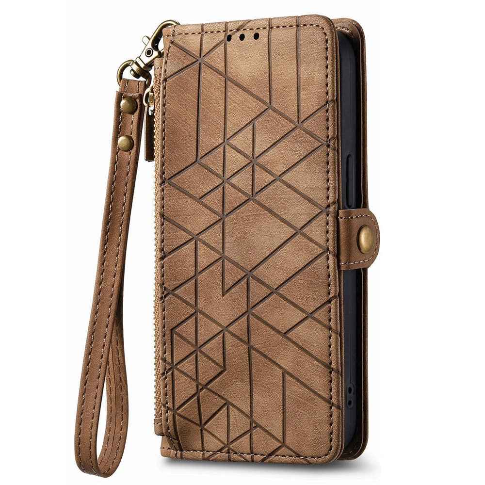 For Samsung Galaxy A57 5G Case Zipper Wallet Geometry Lines Leather Phone Cover with Strap - Brown