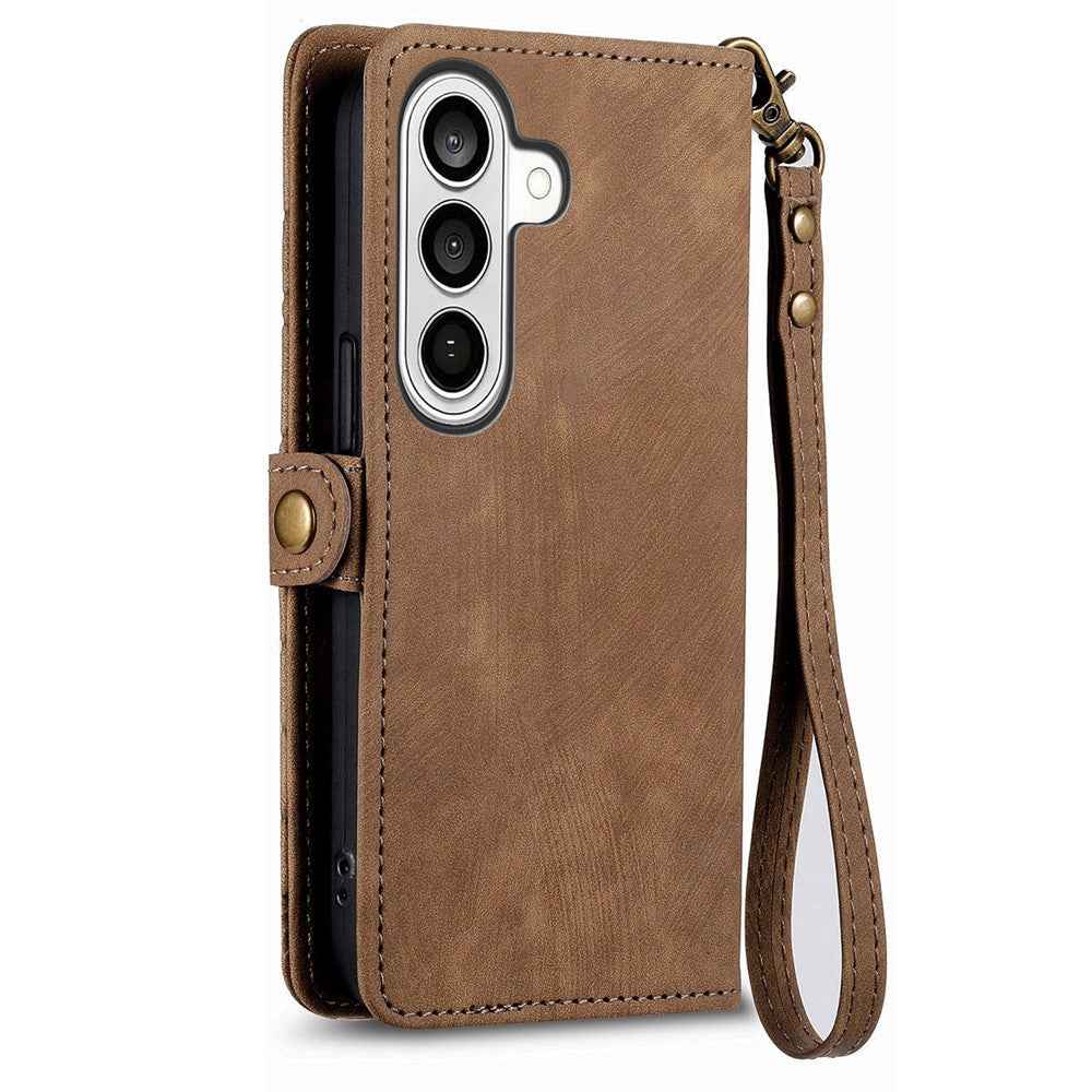 For Samsung Galaxy A57 5G Case Zipper Wallet Geometry Lines Leather Phone Cover with Strap - Brown