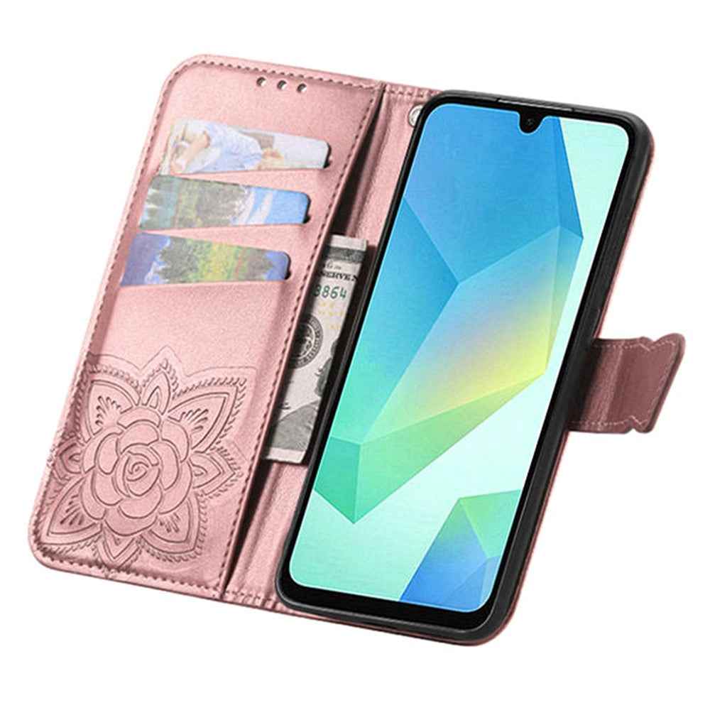 For Samsung Galaxy A57 5G Case with Strap Butterfly Pattern PU Leather Wallet Phone Cover - Rose Gold