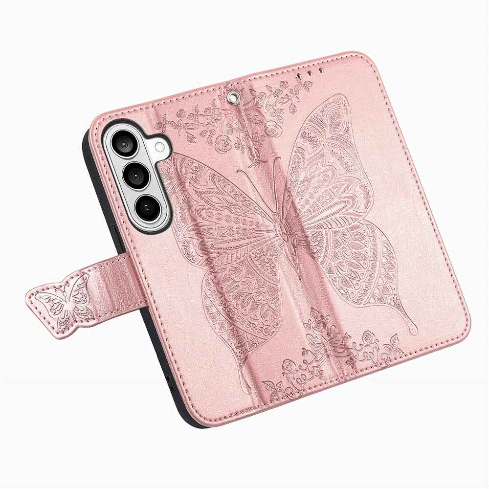 For Samsung Galaxy A57 5G Case with Strap Butterfly Pattern PU Leather Wallet Phone Cover - Rose Gold