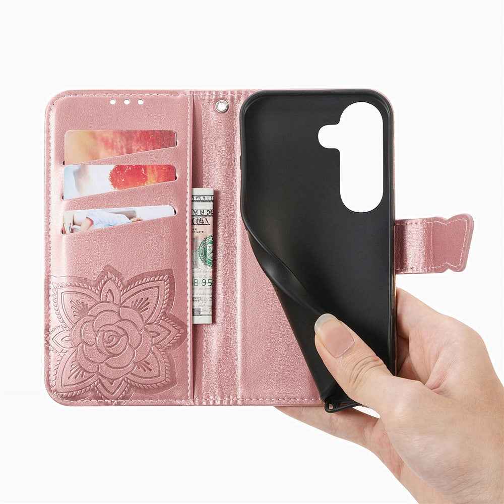 For Samsung Galaxy A57 5G Case with Strap Butterfly Pattern PU Leather Wallet Phone Cover - Rose Gold