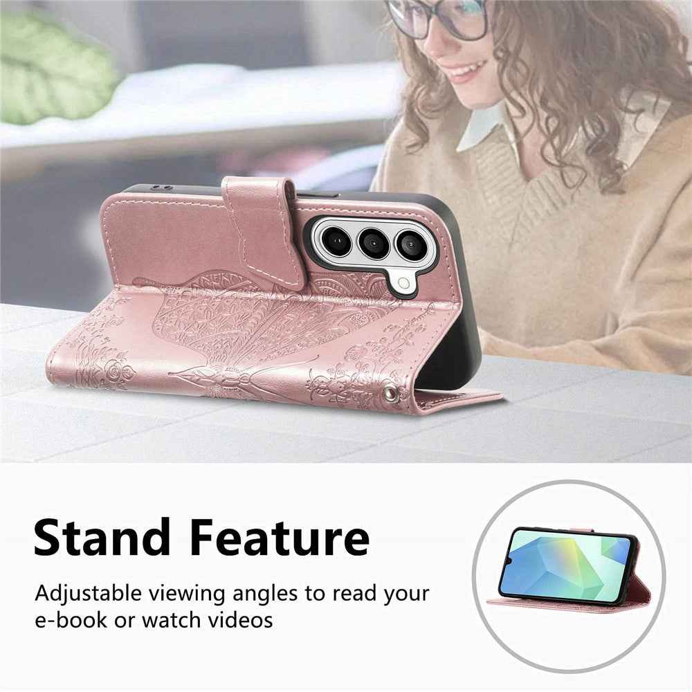 For Samsung Galaxy A57 5G Case with Strap Butterfly Pattern PU Leather Wallet Phone Cover - Rose Gold