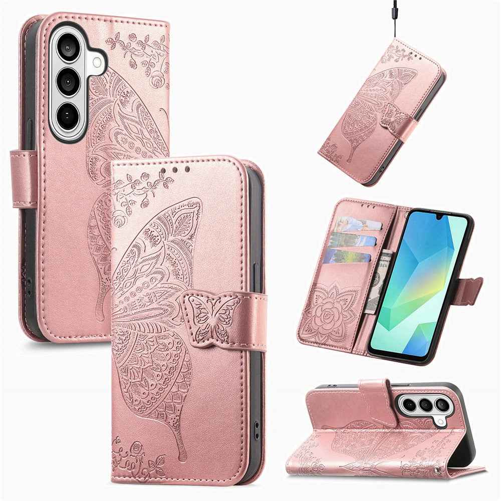 For Samsung Galaxy A57 5G Case with Strap Butterfly Pattern PU Leather Wallet Phone Cover - Rose Gold