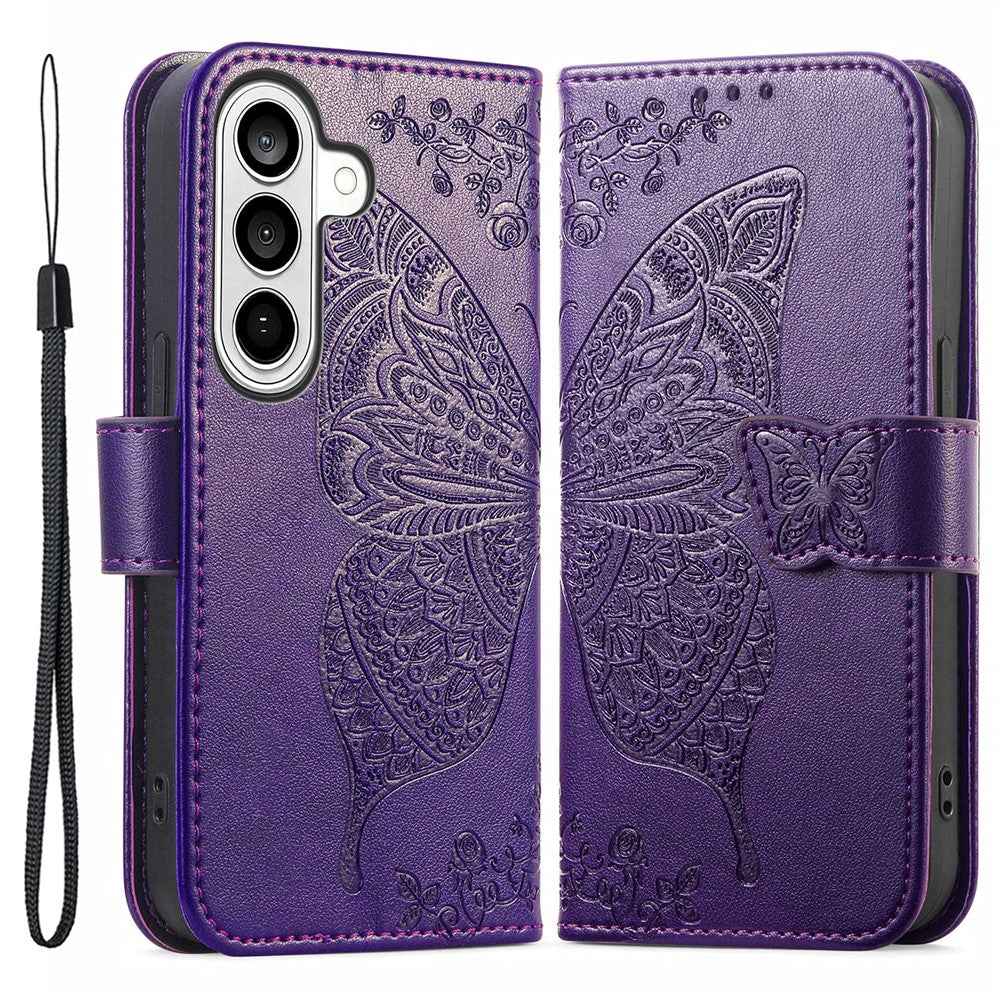 For Samsung Galaxy A57 5G Case with Strap Butterfly Pattern PU Leather Wallet Phone Cover - Dark Purple
