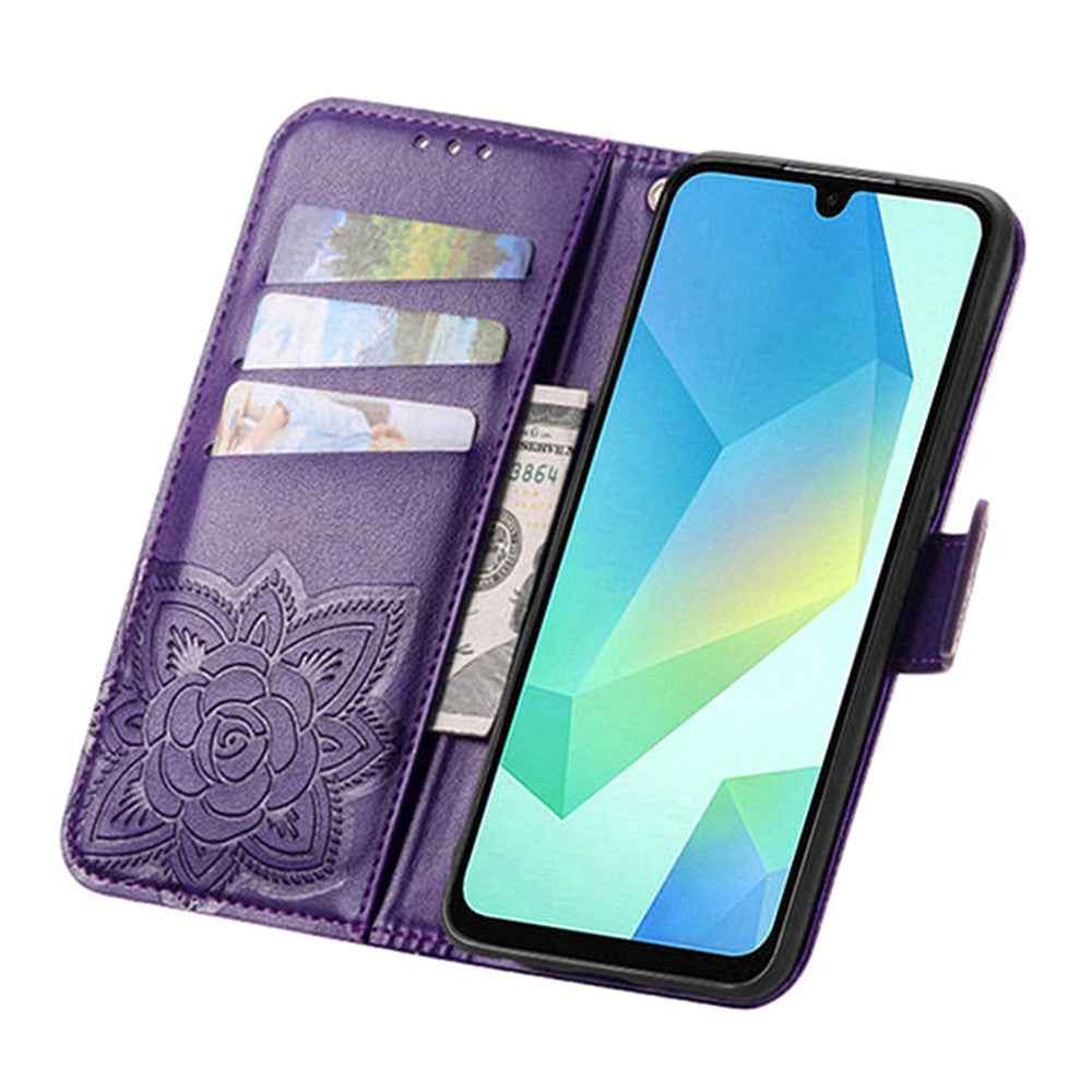 For Samsung Galaxy A57 5G Case with Strap Butterfly Pattern PU Leather Wallet Phone Cover - Dark Purple