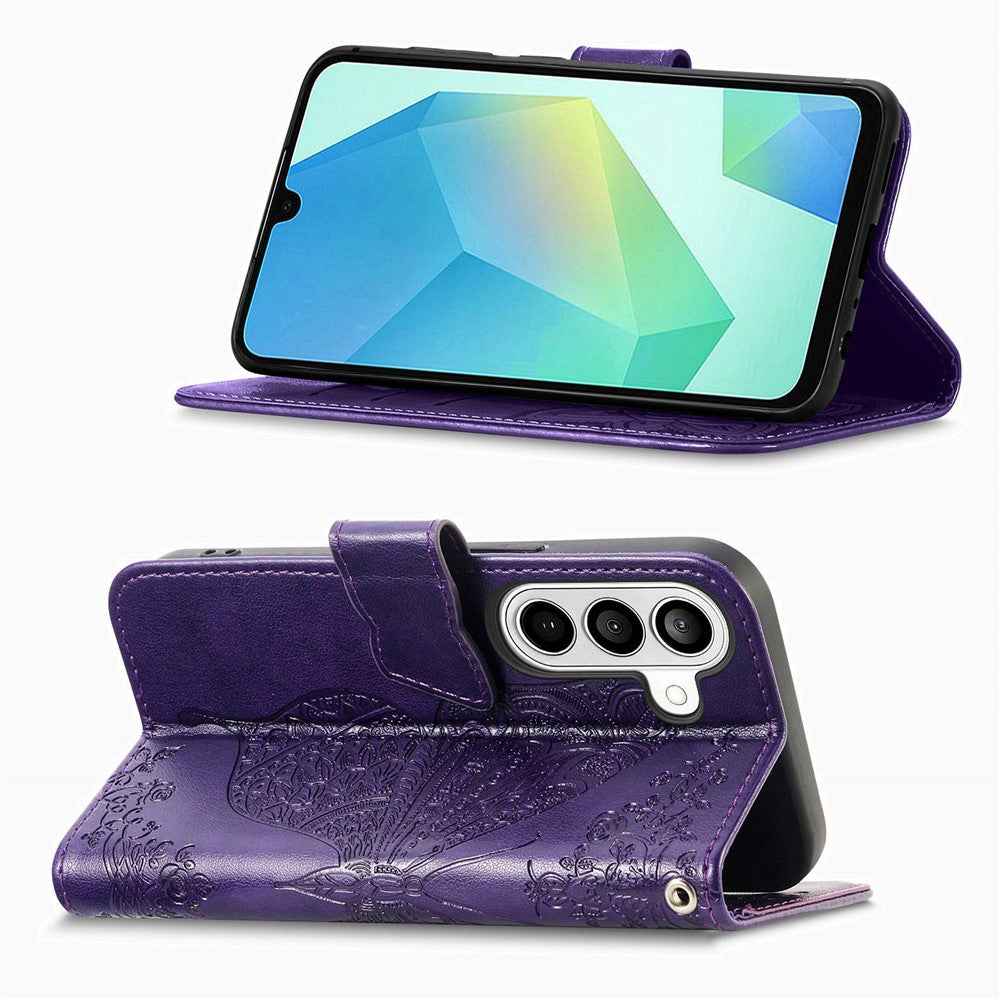 For Samsung Galaxy A57 5G Case with Strap Butterfly Pattern PU Leather Wallet Phone Cover - Dark Purple