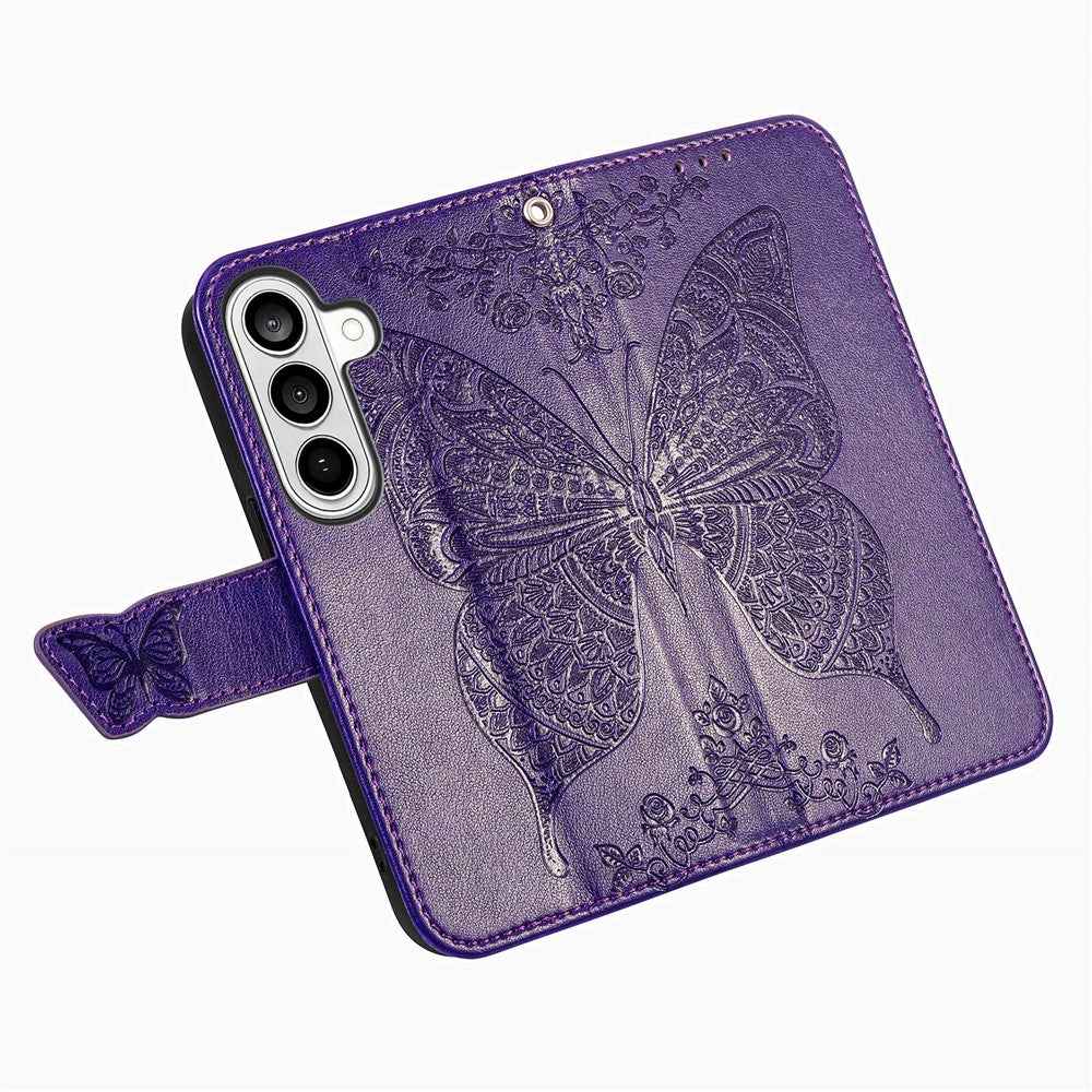 For Samsung Galaxy A57 5G Case with Strap Butterfly Pattern PU Leather Wallet Phone Cover - Dark Purple