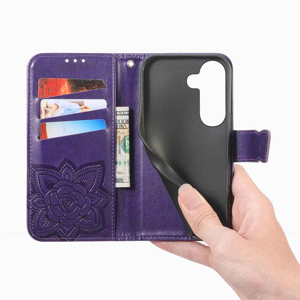 For Samsung Galaxy A57 5G Case with Strap Butterfly Pattern PU Leather Wallet Phone Cover - Dark Purple