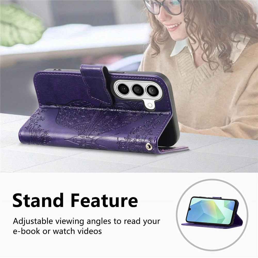 For Samsung Galaxy A57 5G Case with Strap Butterfly Pattern PU Leather Wallet Phone Cover - Dark Purple