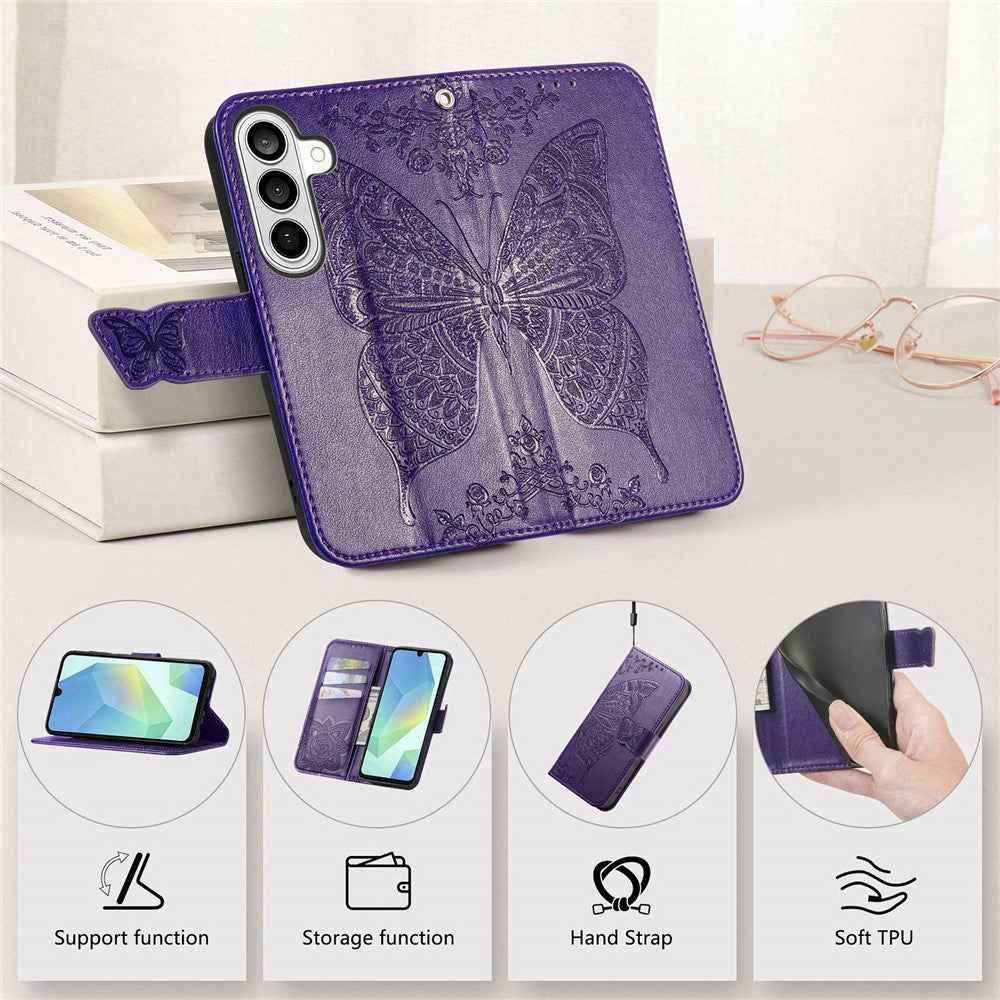 For Samsung Galaxy A57 5G Case with Strap Butterfly Pattern PU Leather Wallet Phone Cover - Dark Purple