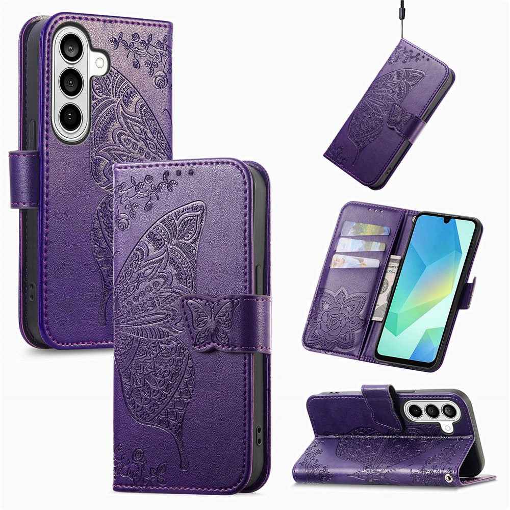 For Samsung Galaxy A57 5G Case with Strap Butterfly Pattern PU Leather Wallet Phone Cover - Dark Purple