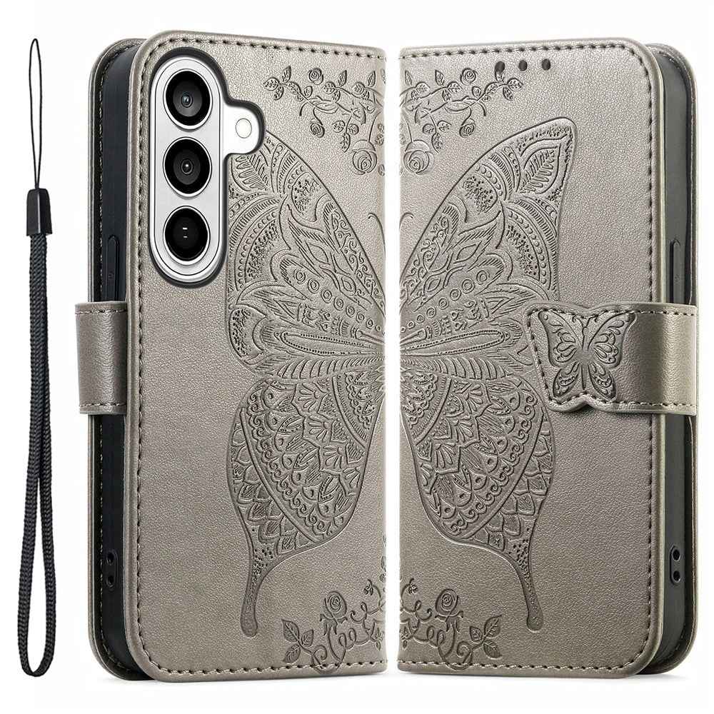 For Samsung Galaxy A57 5G Case with Strap Butterfly Pattern PU Leather Wallet Phone Cover - Grey
