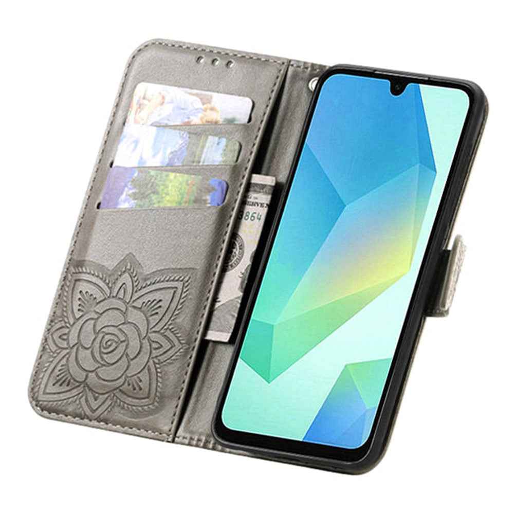For Samsung Galaxy A57 5G Case with Strap Butterfly Pattern PU Leather Wallet Phone Cover - Grey