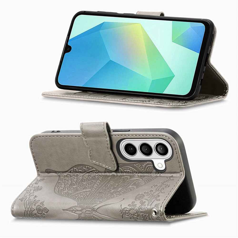 For Samsung Galaxy A57 5G Case with Strap Butterfly Pattern PU Leather Wallet Phone Cover - Grey