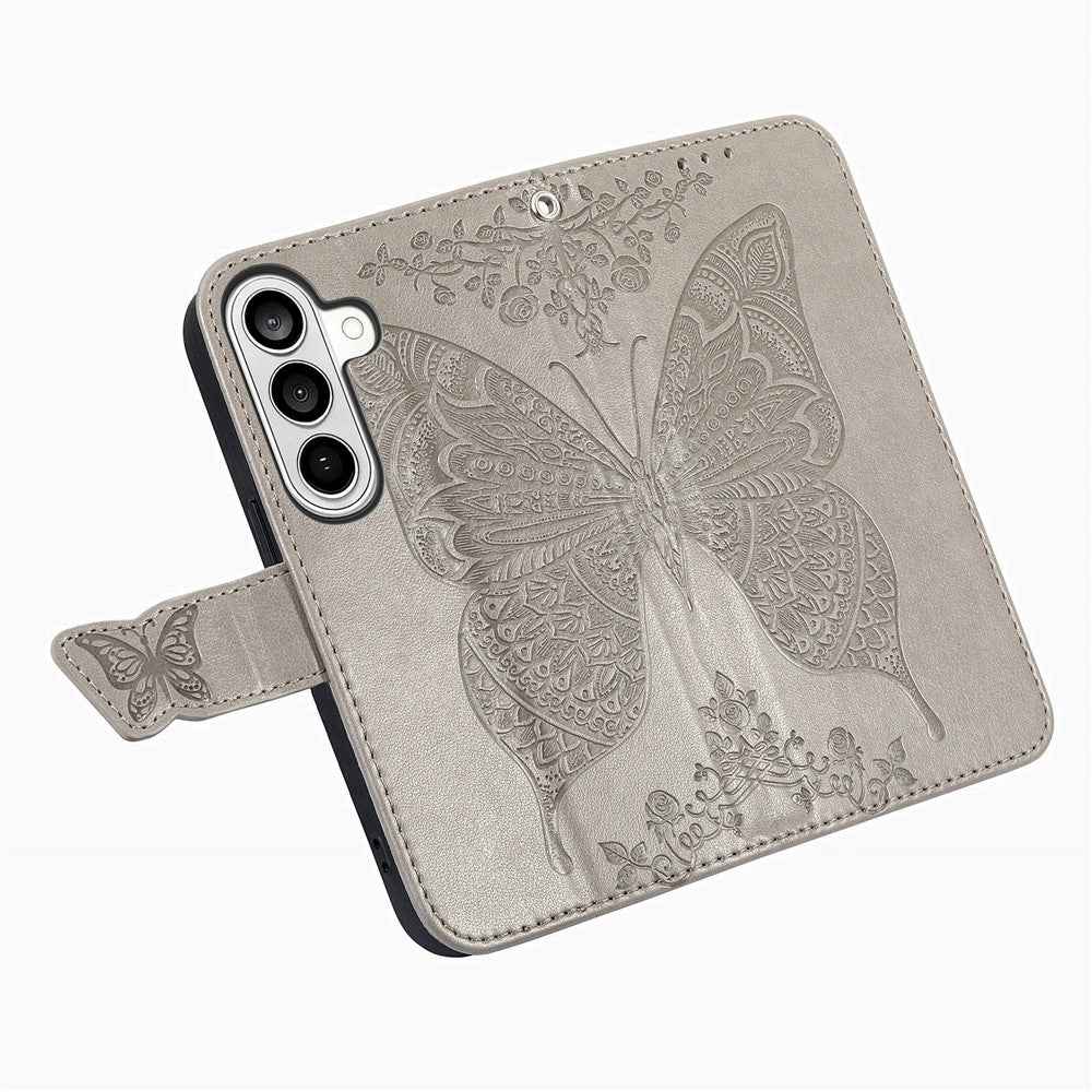 For Samsung Galaxy A57 5G Case with Strap Butterfly Pattern PU Leather Wallet Phone Cover - Grey