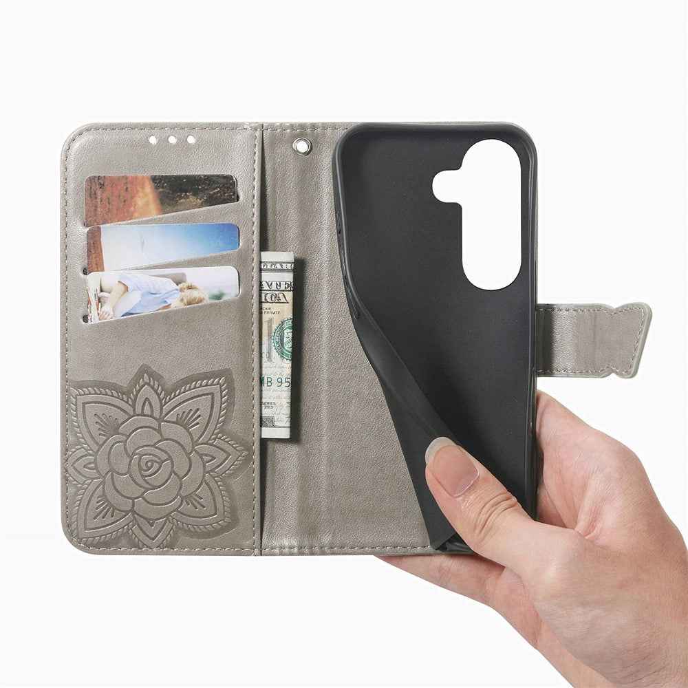 For Samsung Galaxy A57 5G Case with Strap Butterfly Pattern PU Leather Wallet Phone Cover - Grey